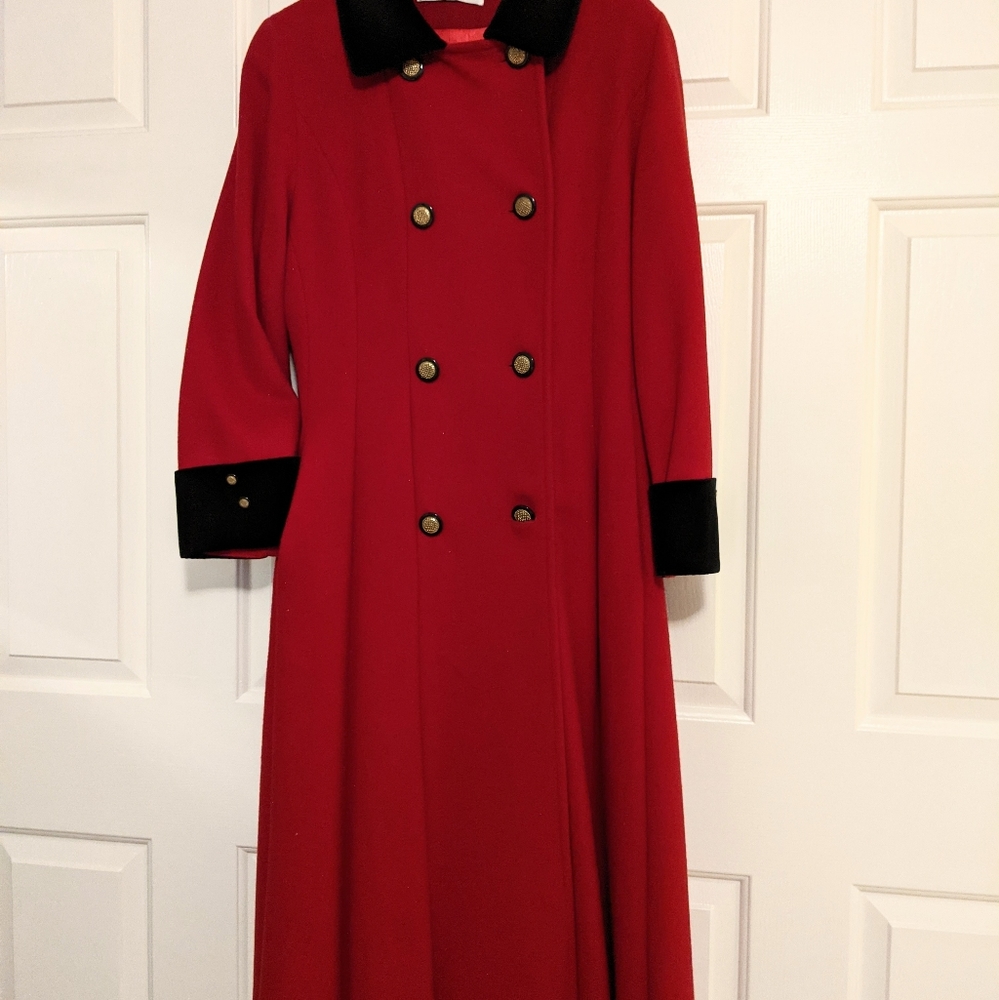 Full-Length Long Red Wool Coat Black Velvet Trim